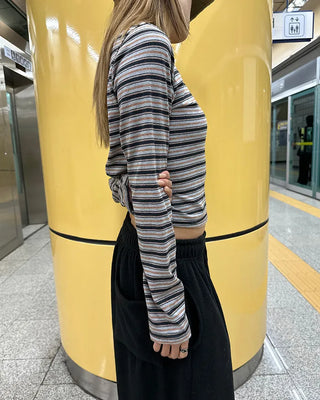 Henley neck double striped semi-cropped cut and sew