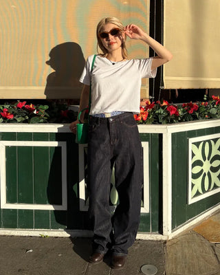Back patch rigid wide denim pants