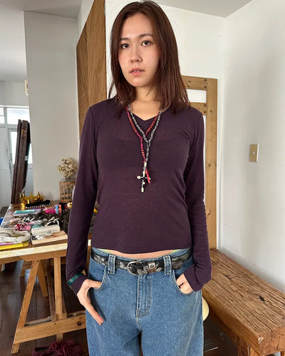 V-neck wool Tencel ribbed sheer long T-shirt