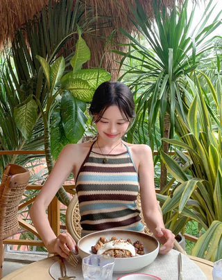 Two-tone halter knit sleeveless top