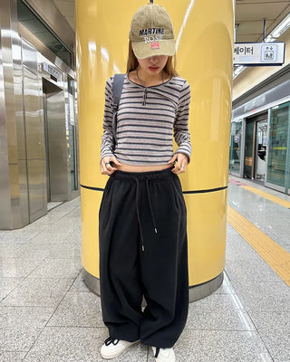 Henley neck double striped semi-cropped cut and sew