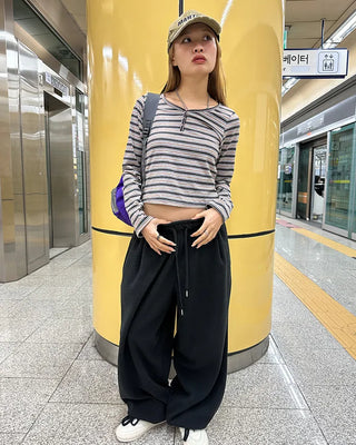 Henley neck double striped semi-cropped cut and sew