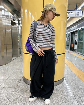 Henley neck double striped semi-cropped cut and sew