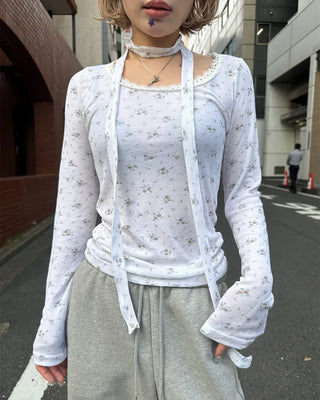 Tie-set lace jewel neck mini flower ribbed long T-shirt