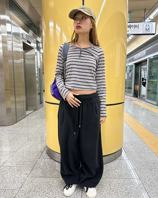 Henley neck double striped semi-cropped cut and sew