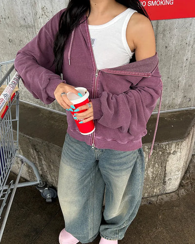 Vintage Wash Double Zip Hoodie