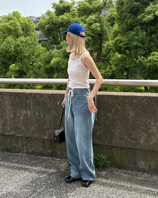 Straight-leg denim pants with string waistband