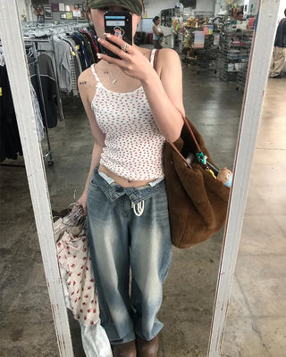 Strap Belt Washed Wide Denim Pants