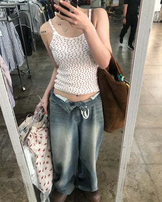 Strap Belt Washed Wide Denim Pants
