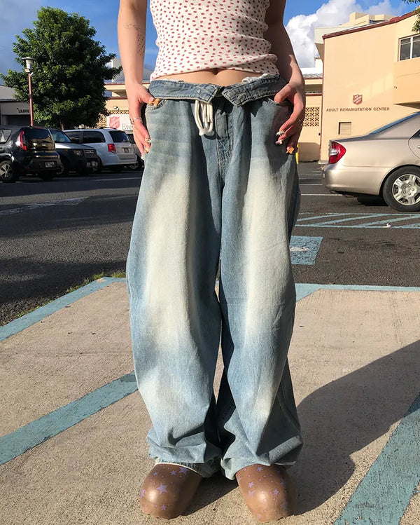Strap Belt Washed Wide Denim Pants