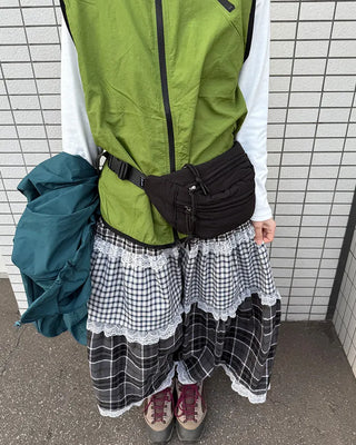 Check pattern lace detail long skirt