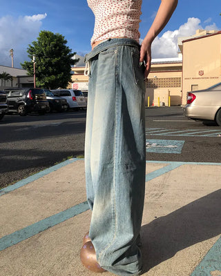 Strap Belt Washed Wide Denim Pants