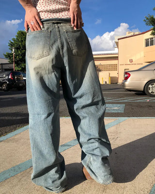 Strap Belt Washed Wide Denim Pants