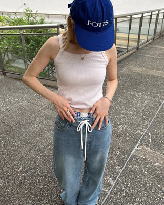 Straight-leg denim pants with string waistband