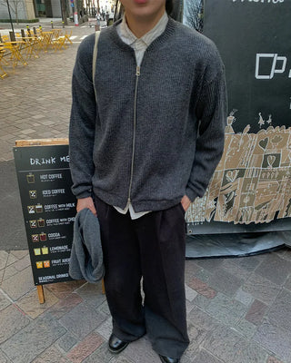 Stand-collar ribbed cardigan