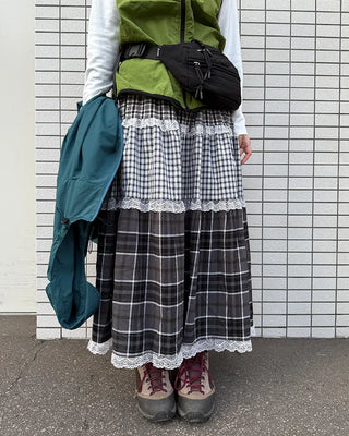 Check pattern lace detail long skirt