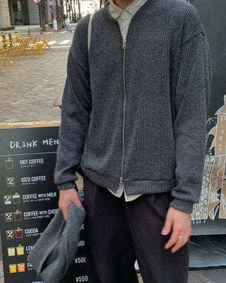 Stand-collar ribbed cardigan