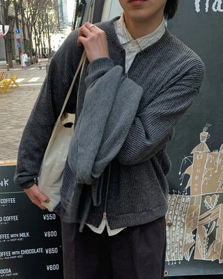 Stand-collar ribbed cardigan