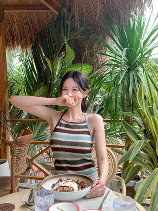 Two-tone halter knit sleeveless top