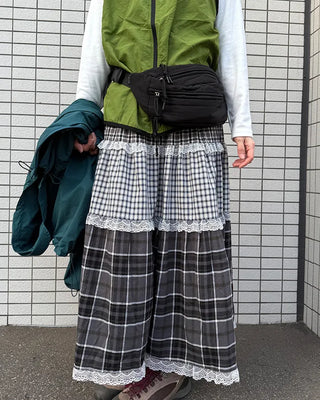Check pattern lace detail long skirt