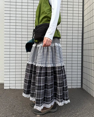 Check pattern lace detail long skirt