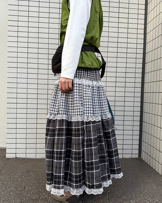 Check pattern lace detail long skirt