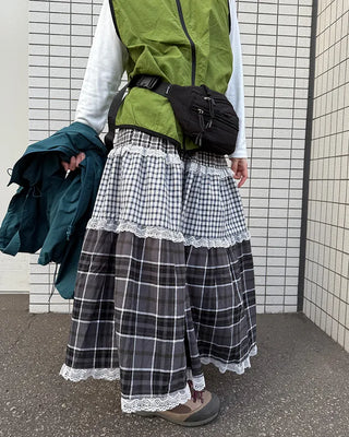 Check pattern lace detail long skirt