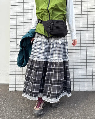 Check pattern lace detail long skirt
