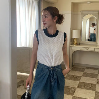 Two-tone perforated knit top