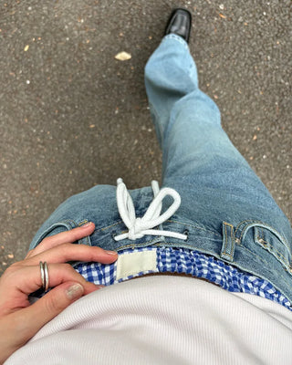 Straight-leg denim pants with string waistband