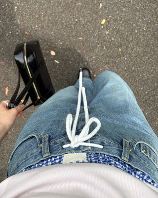 Straight-leg denim pants with string waistband