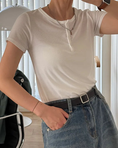 Henley neck button slim T-shirt