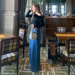 Fur off-shoulder long t-shirt