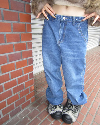 Studded Line Point Straight Denim Pants