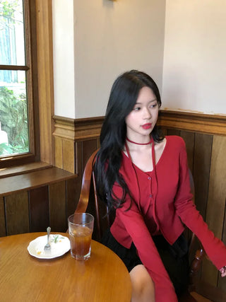 [3-Piece] Tie, Top & V-Neck Cardigan Set