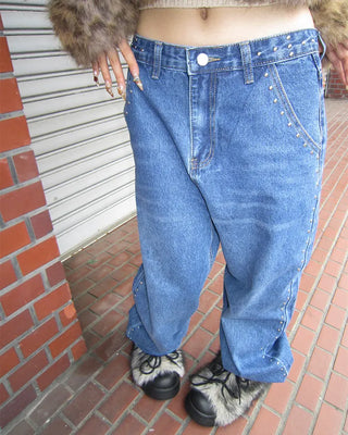 Studded Line Point Straight Denim Pants