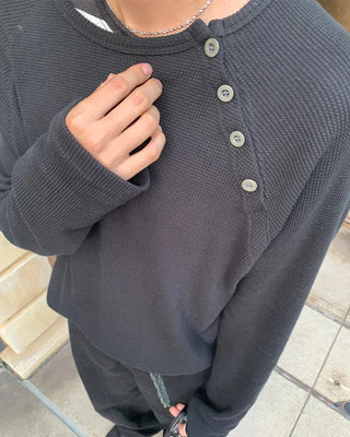 Side-button long-sleeved cut and sew