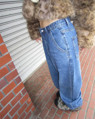 Studded Line Point Straight Denim Pants