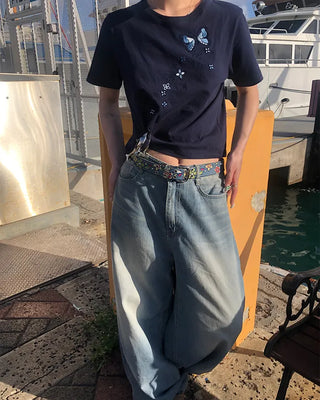 Strap Belt Washed Wide Denim Pants