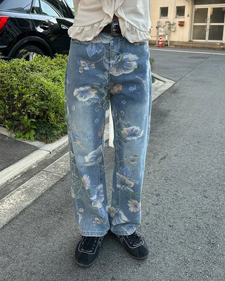 Flower pattern denim pants