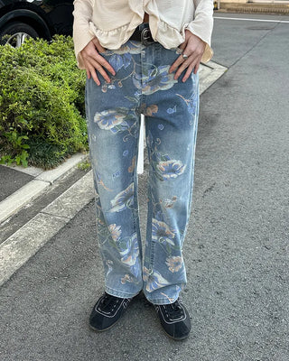 Flower pattern denim pants