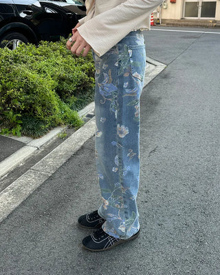 Flower pattern denim pants