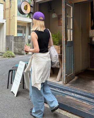 Straight-leg denim pants with string waistband