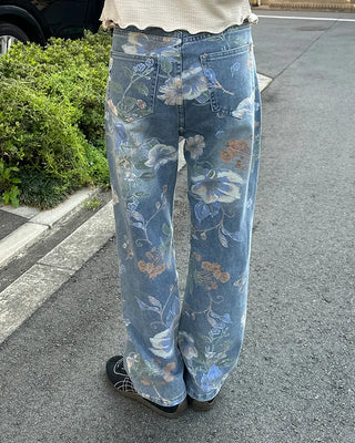 Flower pattern denim pants