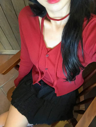 [3-Piece] Tie, Top & V-Neck Cardigan Set