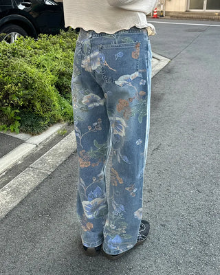 Flower pattern denim pants