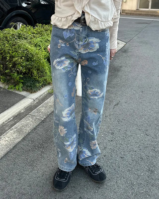 Flower pattern denim pants