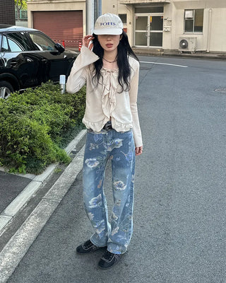 Flower pattern denim pants