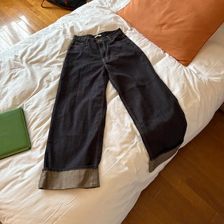 Low-rise denim roll-up wide-leg pants