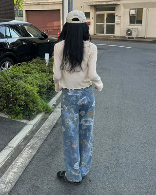 Flower pattern denim pants